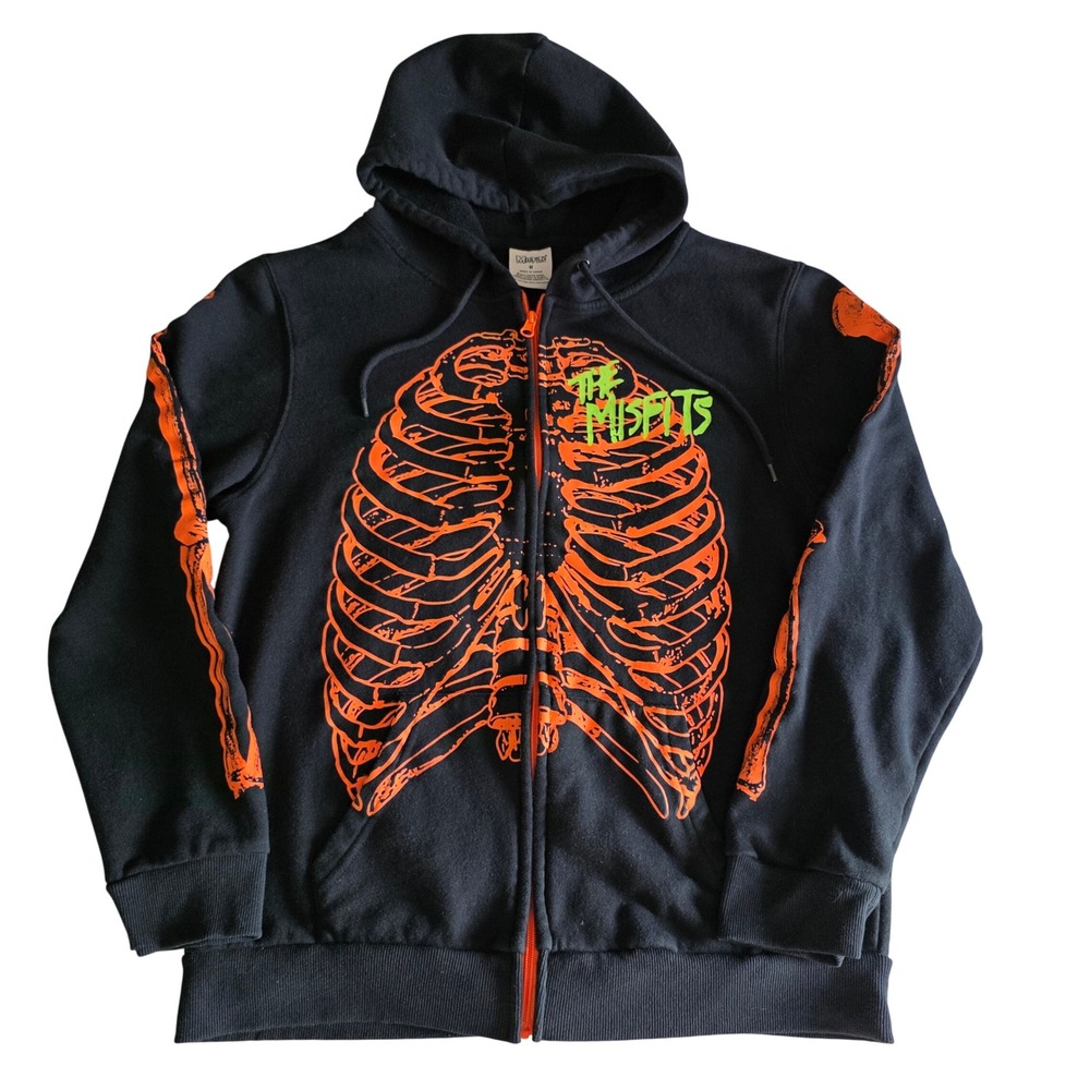 The Misfits Skeleton Rib Cage Fiend Skull Full Zip Hoodie Black Orange Mens M